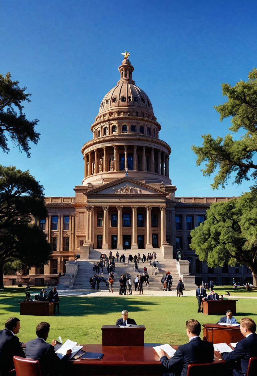 A striking visual of the Texas state capitol building surrounded by a diverse group of lawyers and law enthusiasts engaged in discussion, with legal books and documents scattered around. In the background, an expansive Texan skyline under a clear blue sky, symbolizing growth and opportunity in the legal field. Integrate elements like a gavel and scales of justice subtly in the composition. super-realistic. vibrant colors. white background.